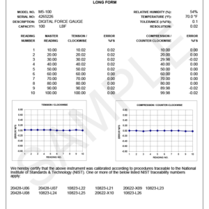 CERT NIST-Traceable Certificate of Calibration with Data